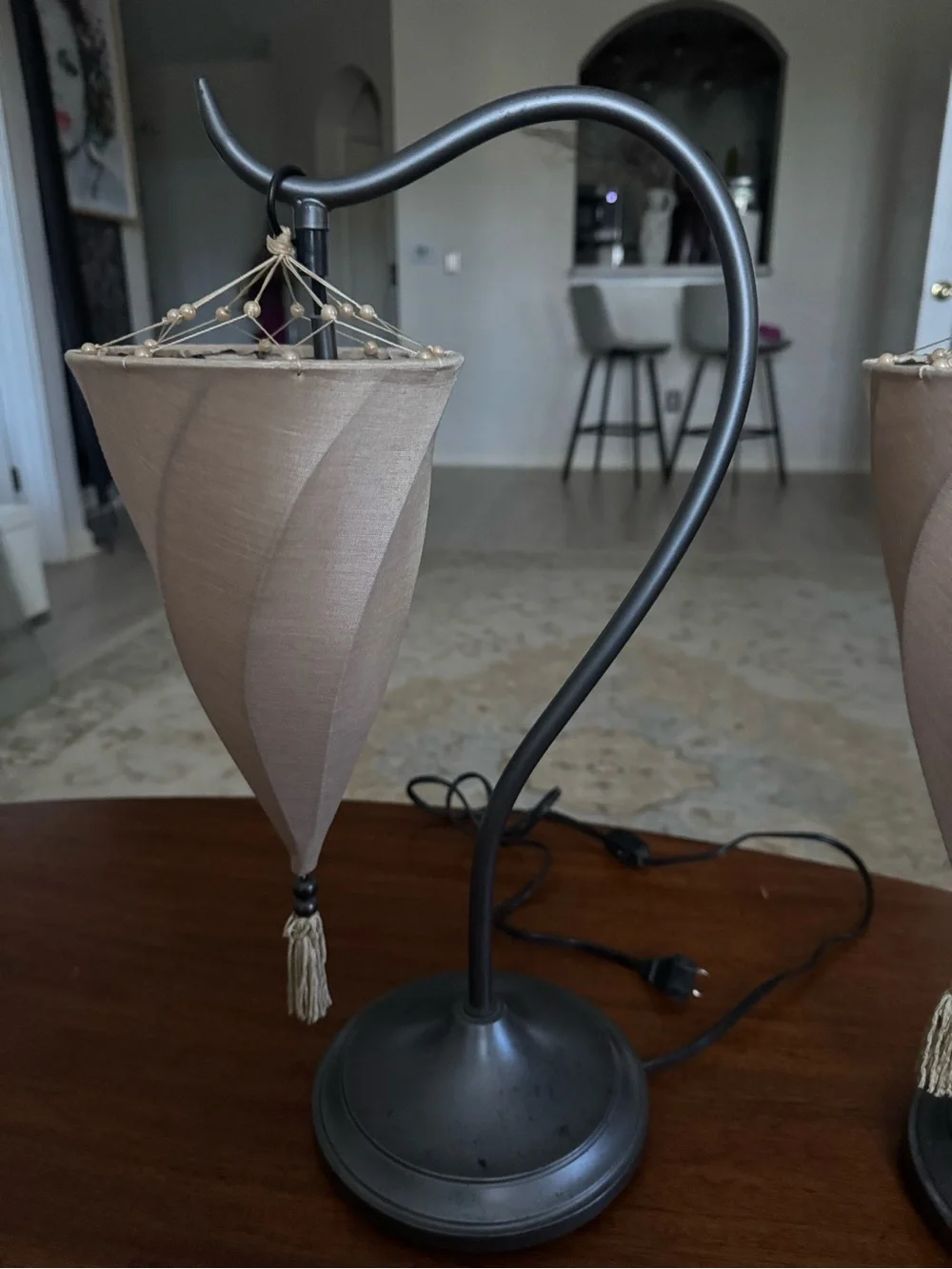 2 VTG Pottery Barn Medina Moroccan Bronze Table Lamps Tan Silk Shades Tassels 18